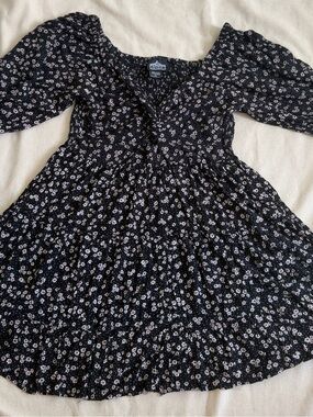 Angie Black Floral Girls' Dress with Puff Sleeves